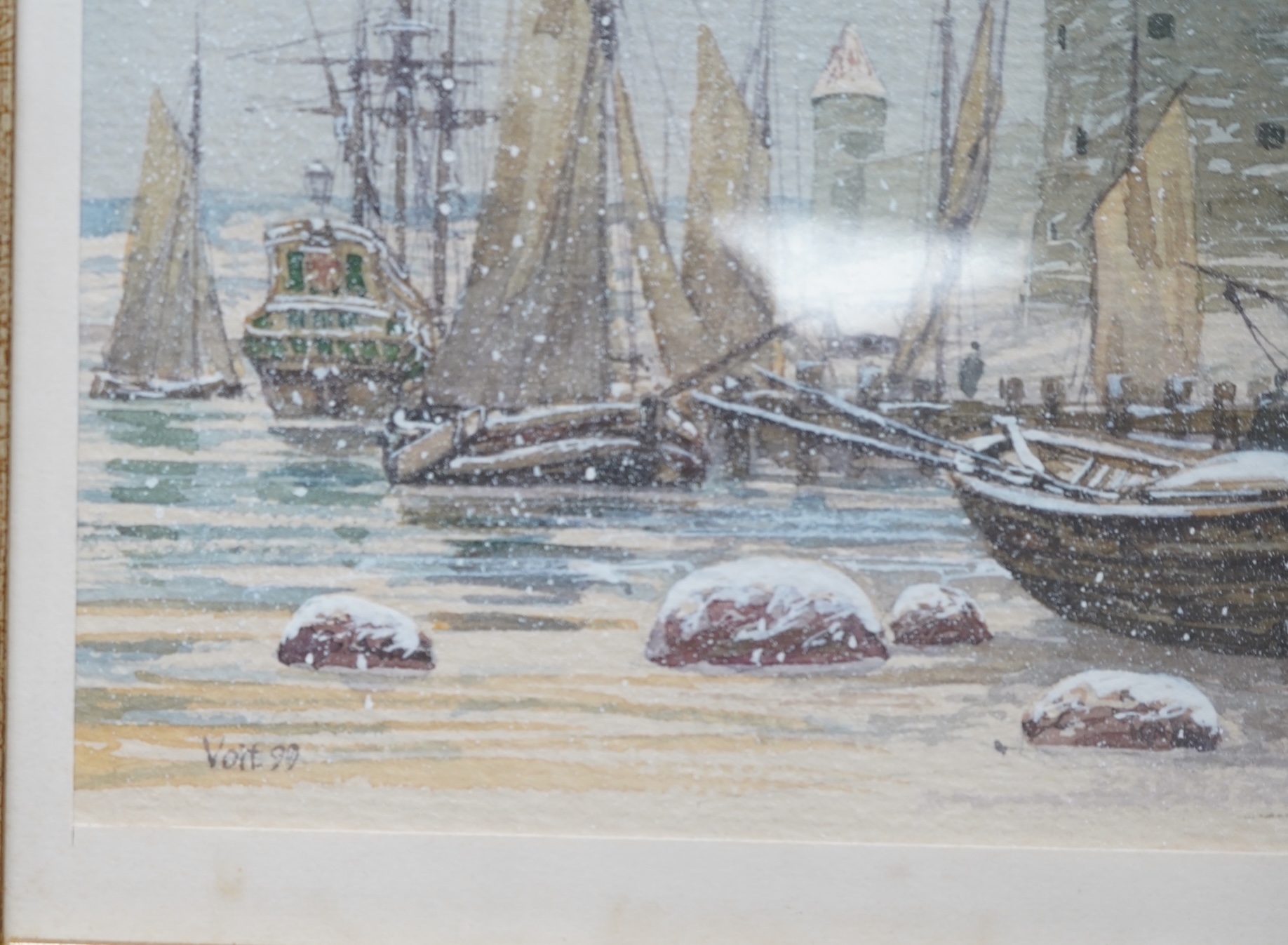 A collection of small Russian watercolours to include: Figures in the snow and palaces, some signed with monogram 'AB', largest 17 x 22cm (8)